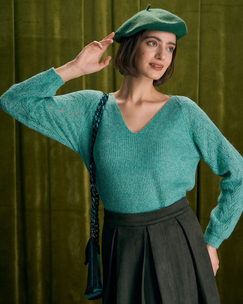 The V-Neck Raglan Sleeve Sweater Green Tops - RIHOAS