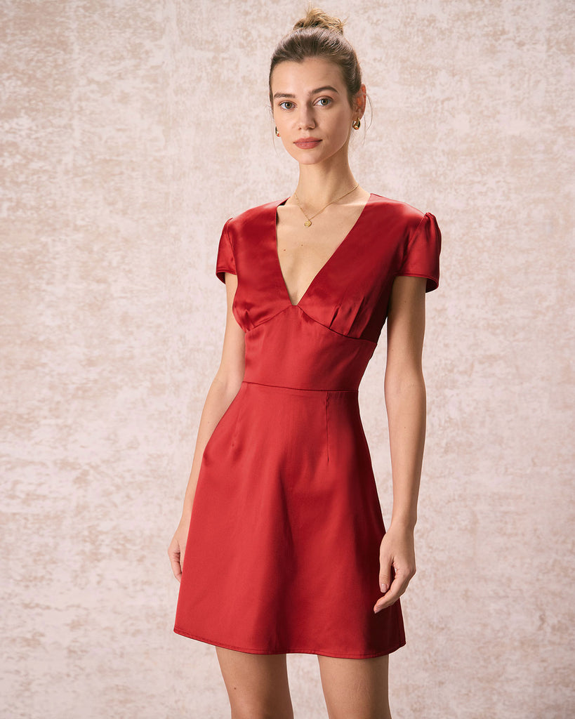 The V-Neck Satin A-Line Dress Red Dresses - RIHOAS