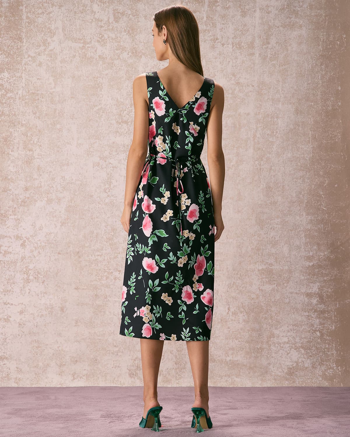 The Black V Neck Tie Back Floral Midi Dress & Reviews - Black - Dresses ...