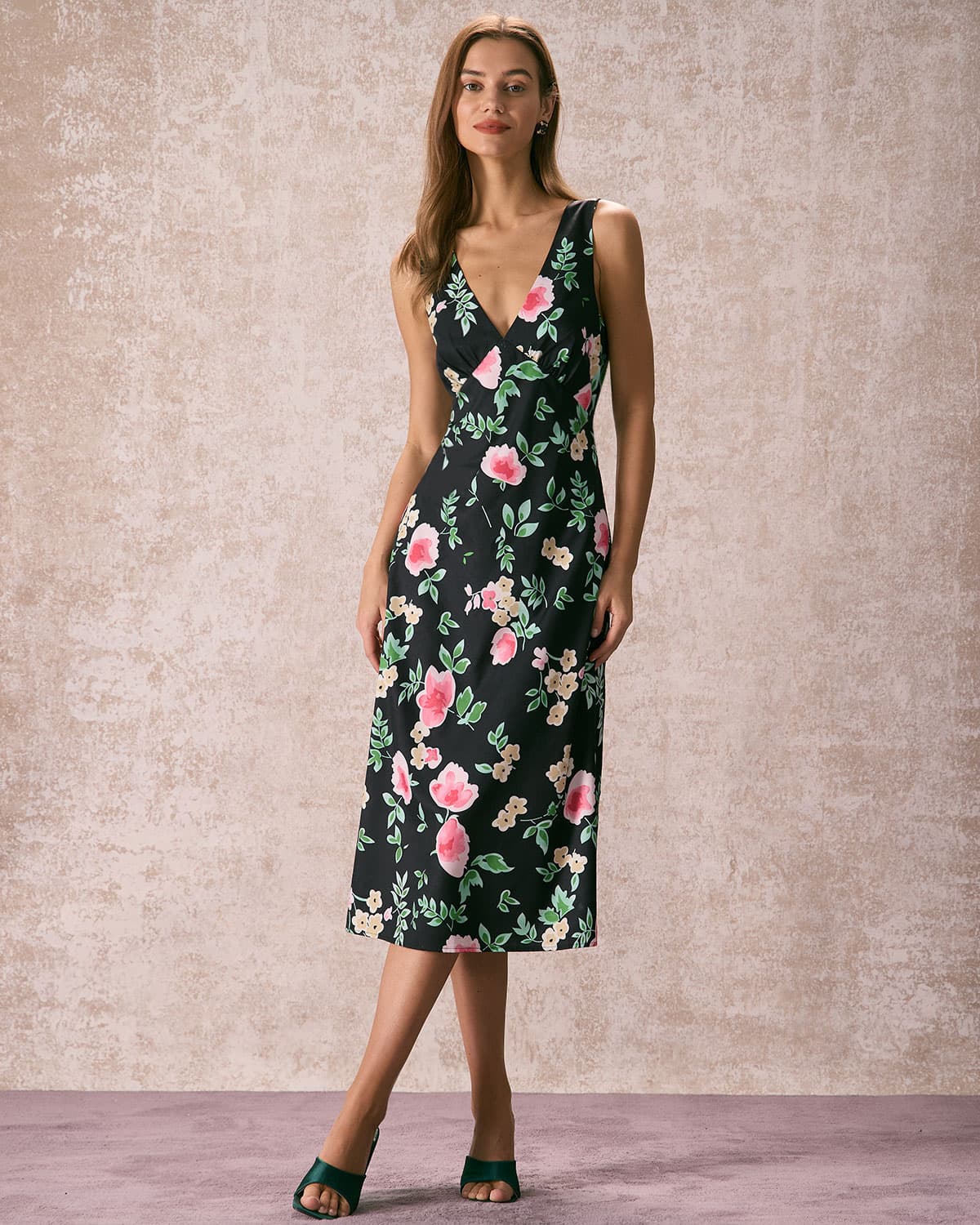 The Black V Neck Tie Back Floral Midi Dress & Reviews - Black - Dresses ...