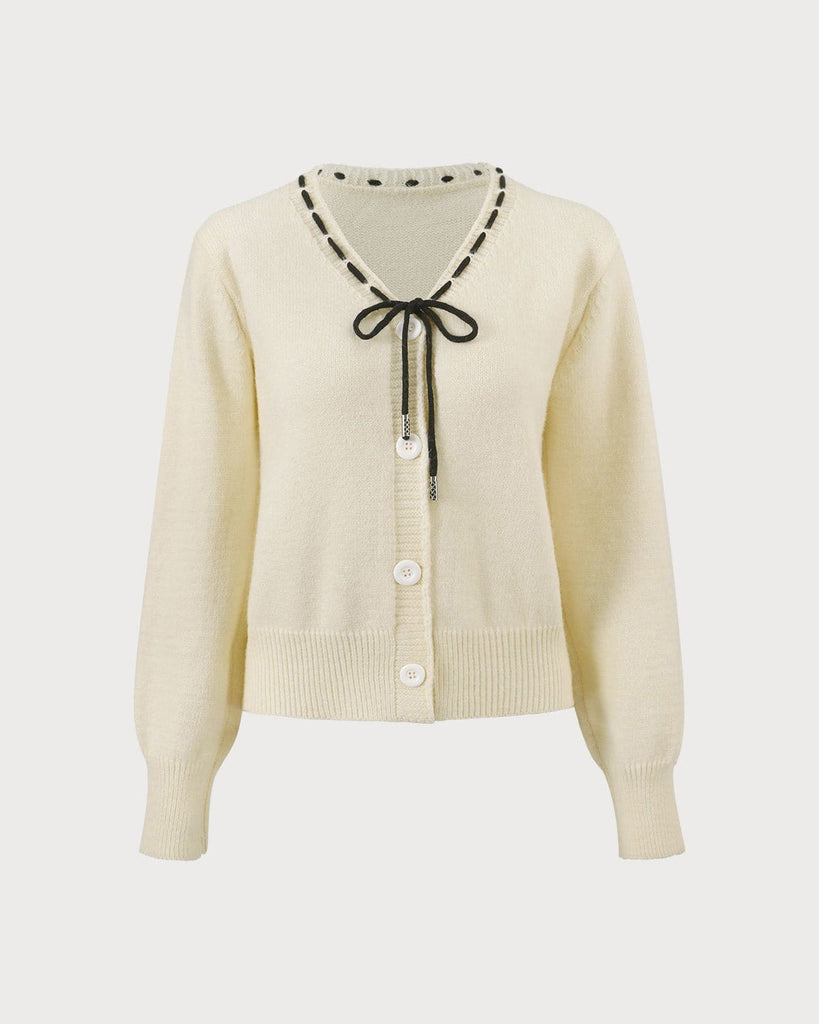 The V-Neck Tie Button Cardigan Beige Tops - RIHOAS