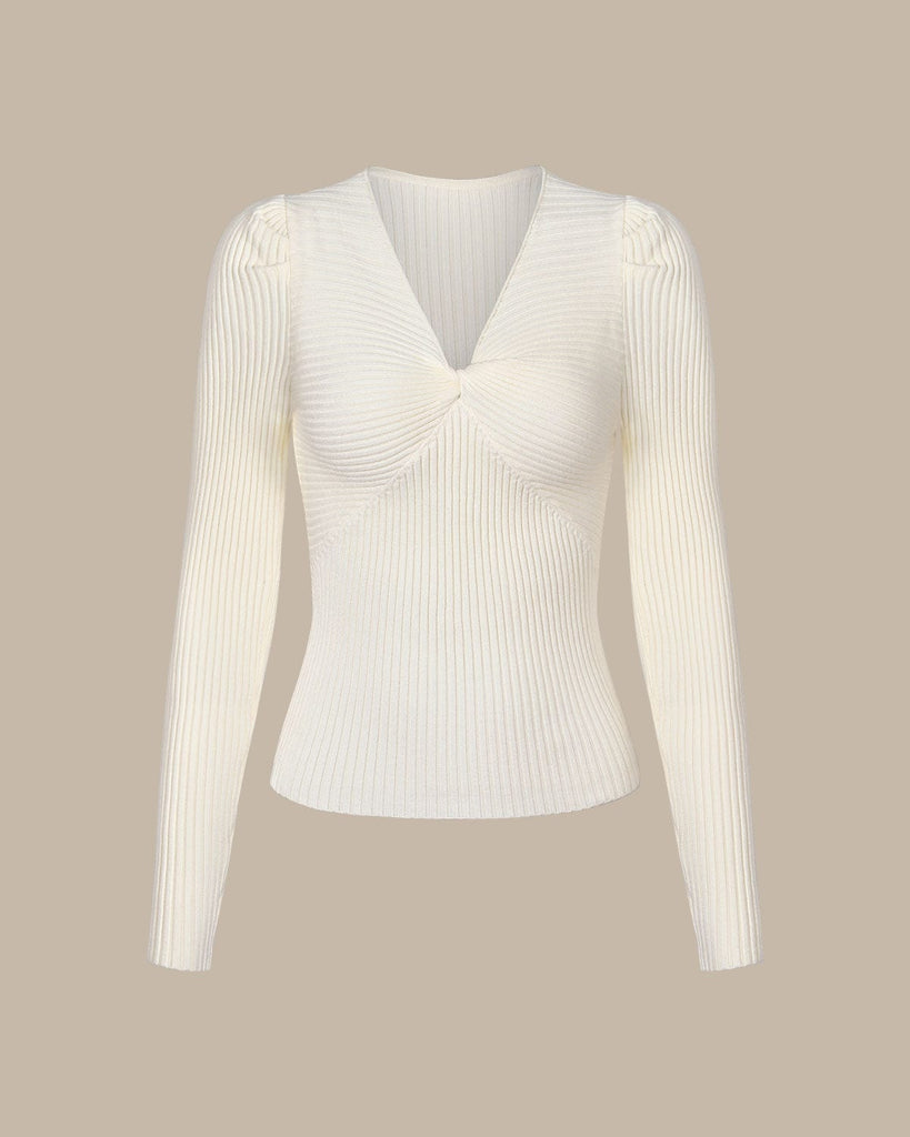 The V-Neck Twist Front Knit Top Beige Tops - RIHOAS
