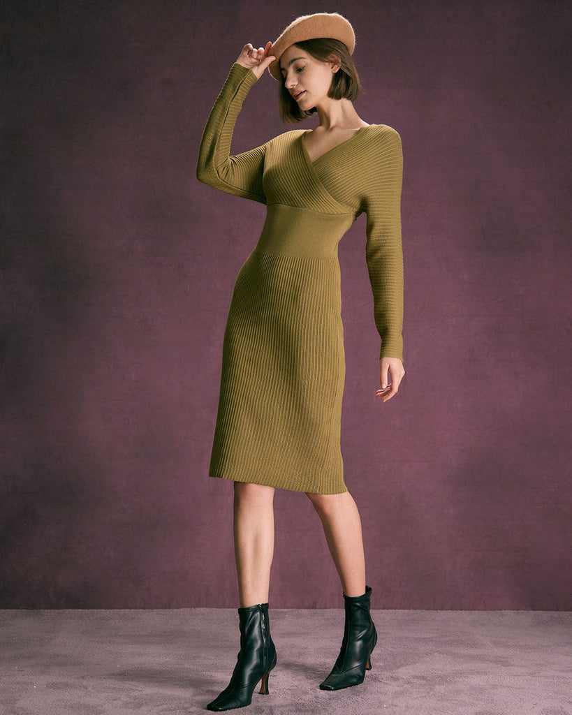 The V-Neck Wrap Knit Midi Dress Dresses - RIHOAS