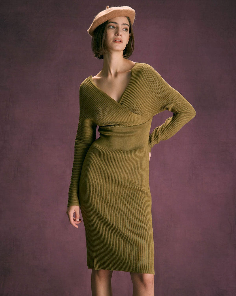 The V-Neck Wrap Knit Midi Dress Dresses - RIHOAS