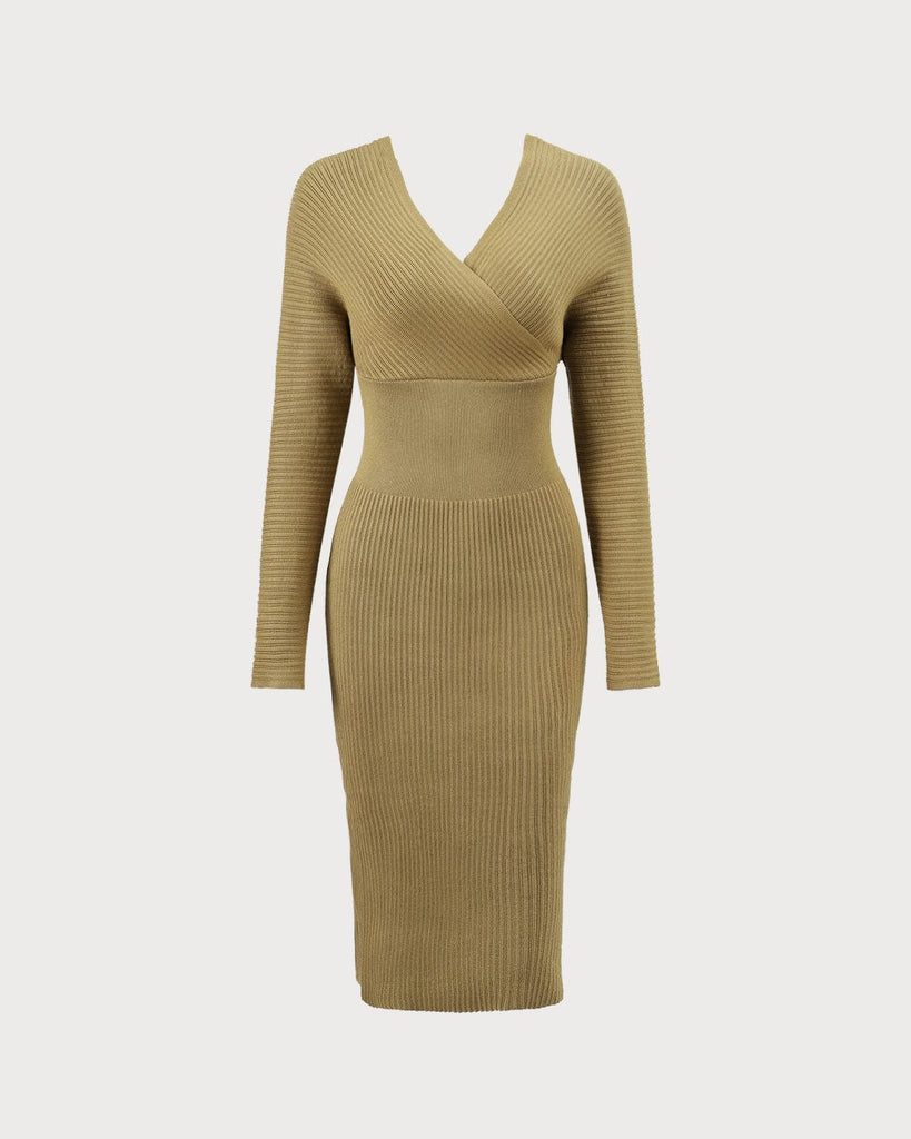The V-Neck Wrap Knit Midi Dress Green Dresses - RIHOAS