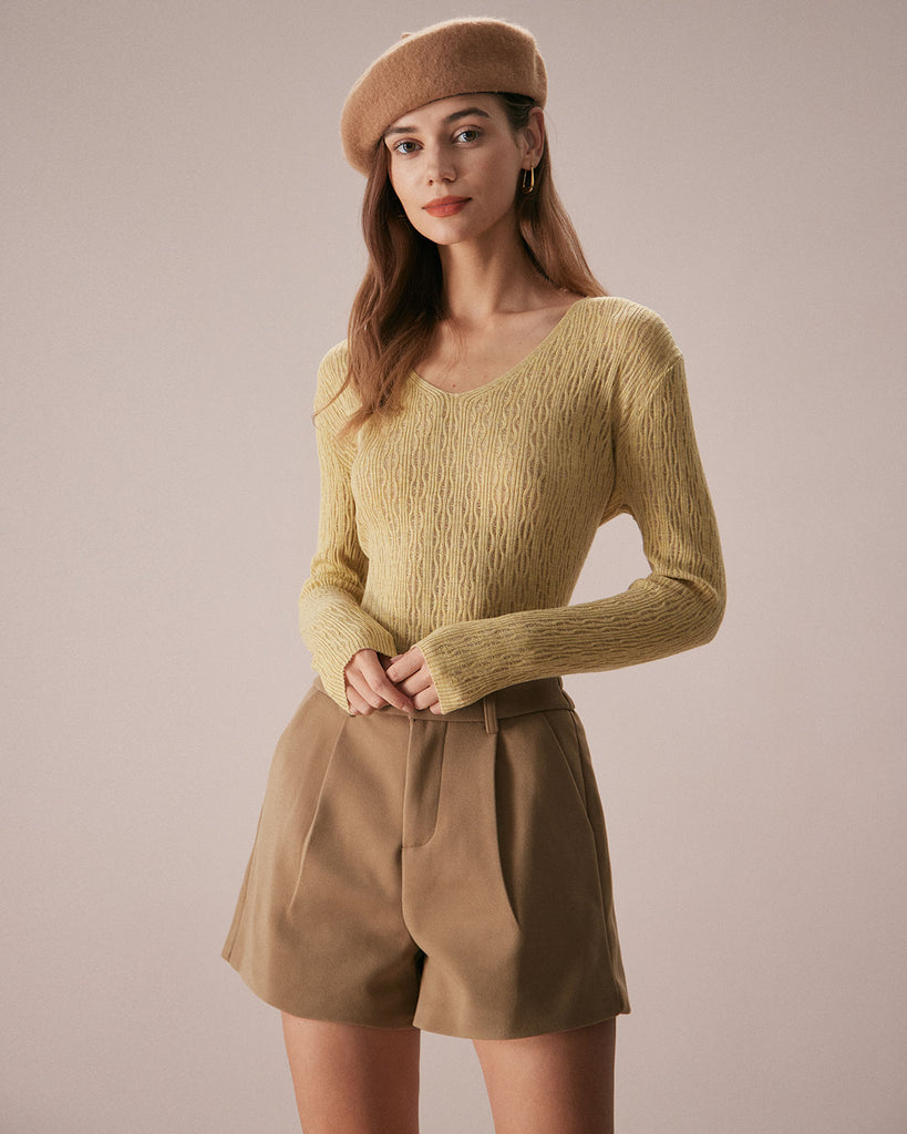The V-Neck Yellow Knitted Top Yellow Tops - RIHOAS