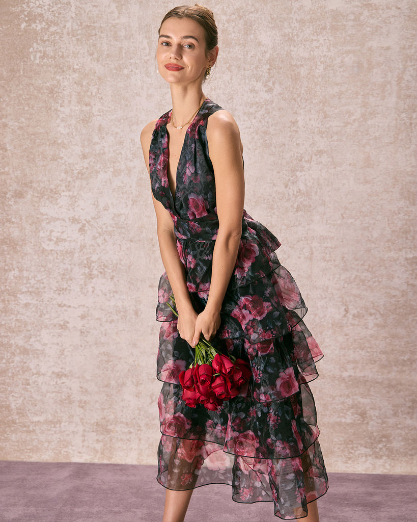 The V Neck Floral Layered Midi Dress Dresses - RIHOAS