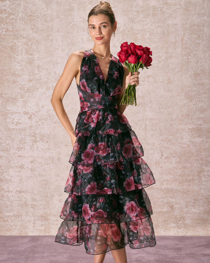 The V Neck Floral Layered Midi Dress Multi Dresses - RIHOAS