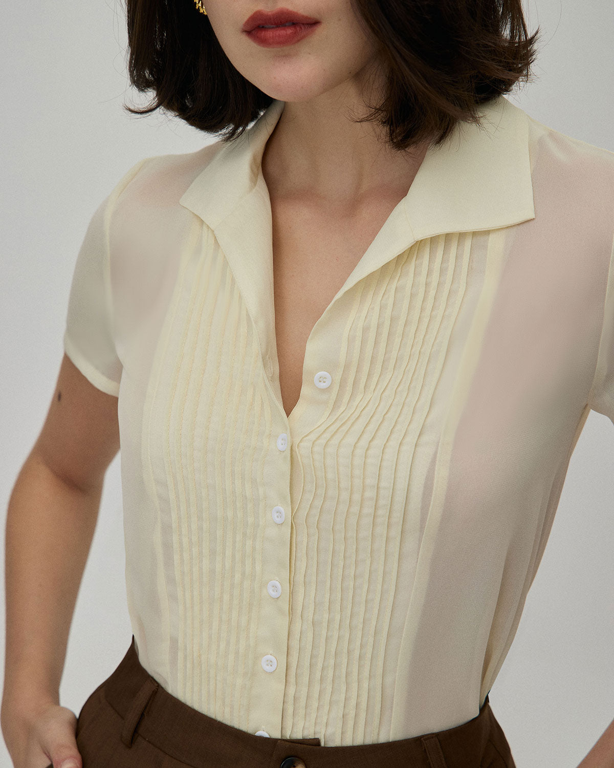 The Beige V Neck Pleated Chiffon Blouse & Reviews - Beige - Tops | RIHOAS