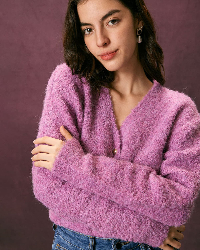 The V Neck Solid Fluffy Cardigan Tops - RIHOAS