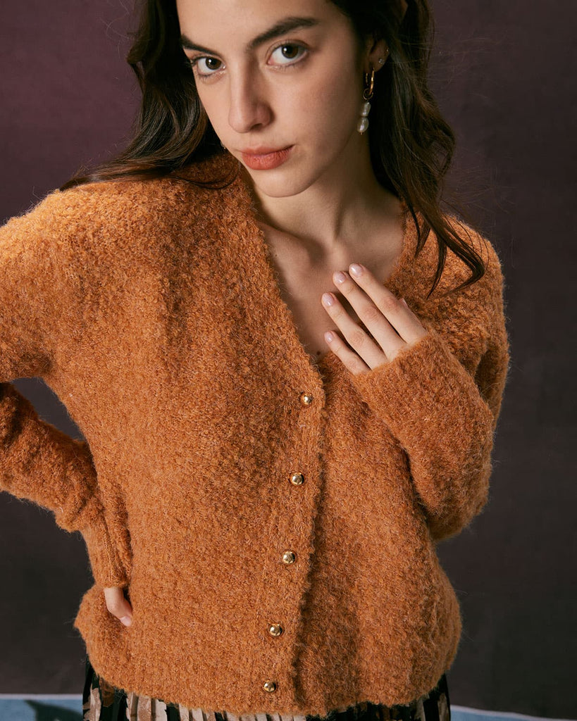 The V Neck Solid Fluffy Cardigan Tops - RIHOAS