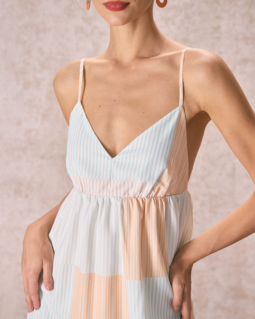 The V Neck Striped Print Mini Dress Dresses - RIHOAS