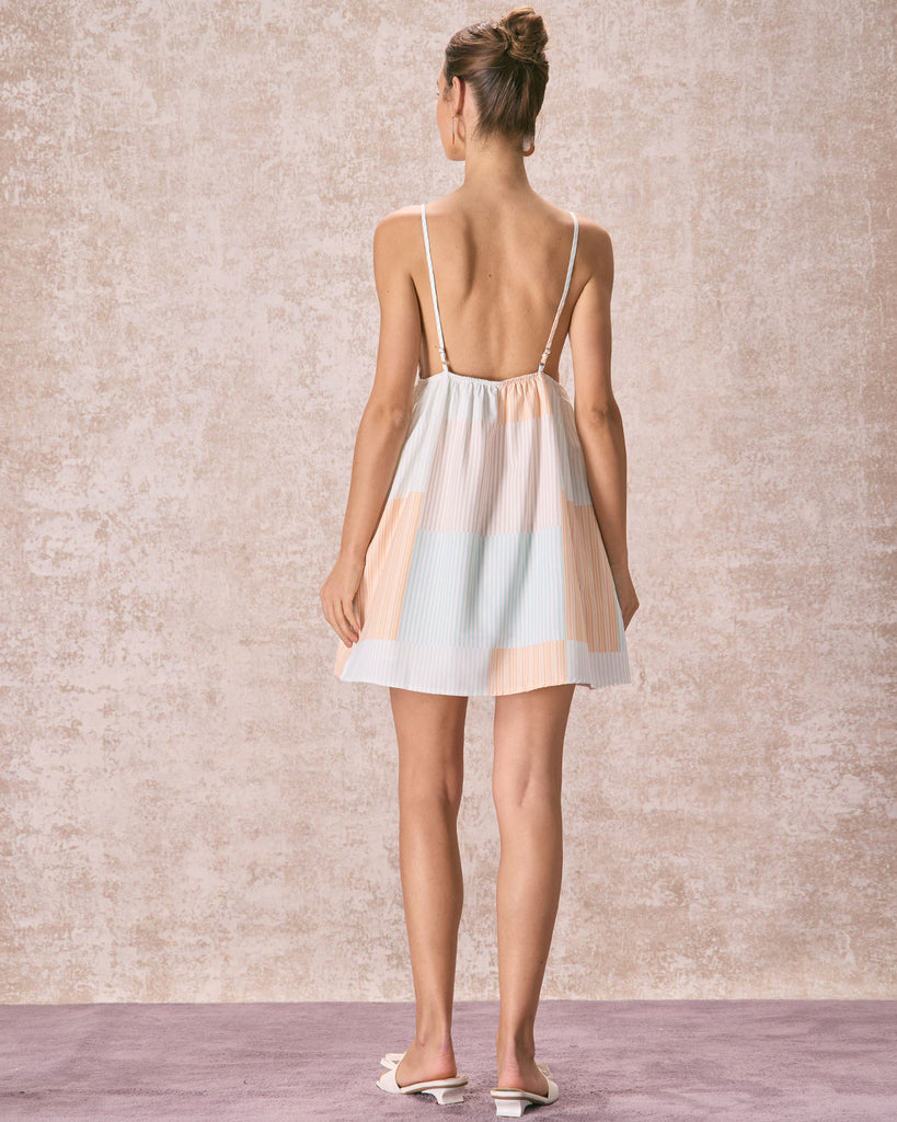 The V Neck Striped Print Mini Dress Dresses - RIHOAS
