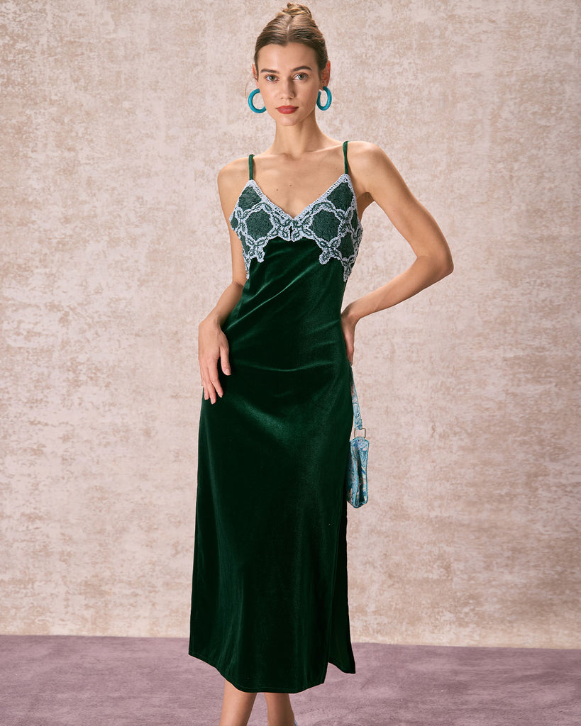 The Velvet Crochet Spliced Dress Dark Green Dresses - RIHOAS