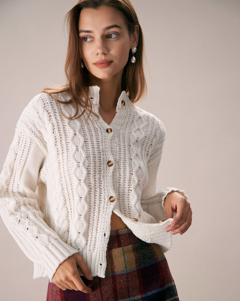 The White Argyle Cable Cardigan White Tops - RIHOAS