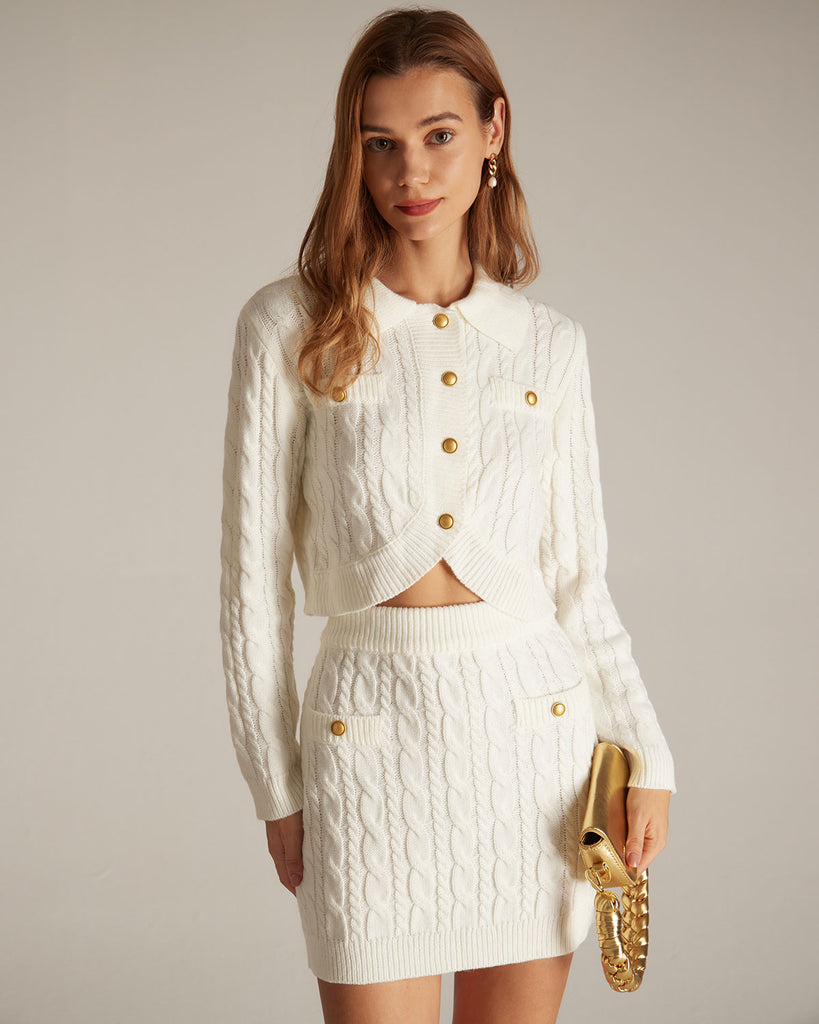 The White Collared Cable Sweater Cardigan Tops - RIHOAS