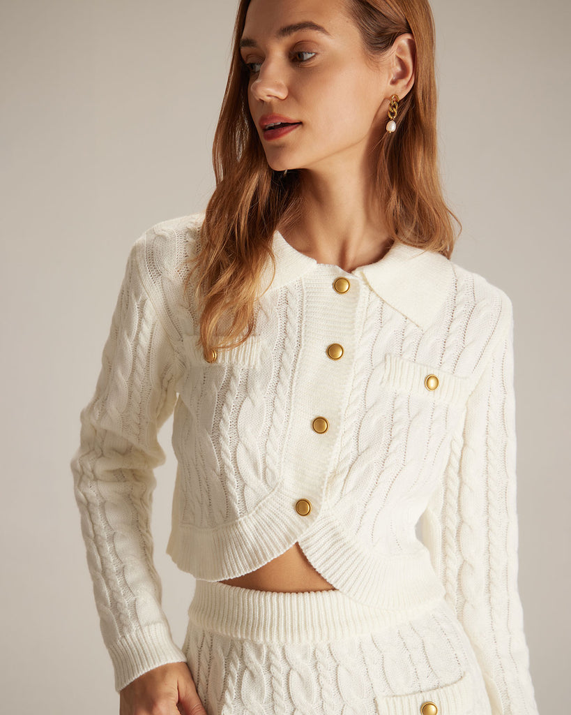 The White Collared Cable Sweater Cardigan White Tops - RIHOAS