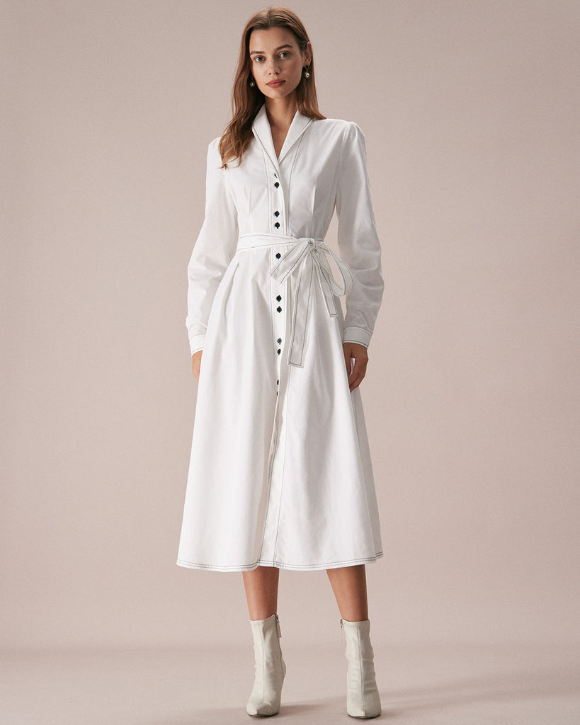 The White Collared Contrast Stitch Midi Dress Dresses - RIHOAS