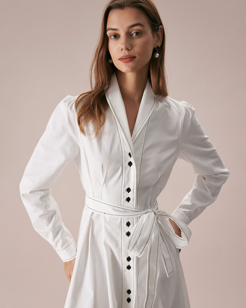 The White Collared Contrast Stitch Midi Dress Dresses - RIHOAS