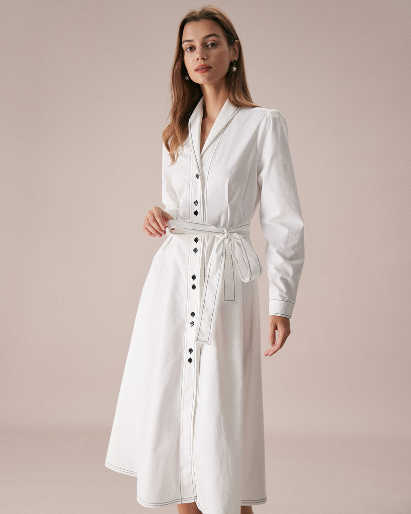 The White Collared Contrast Stitch Midi Dress White Dresses - RIHOAS