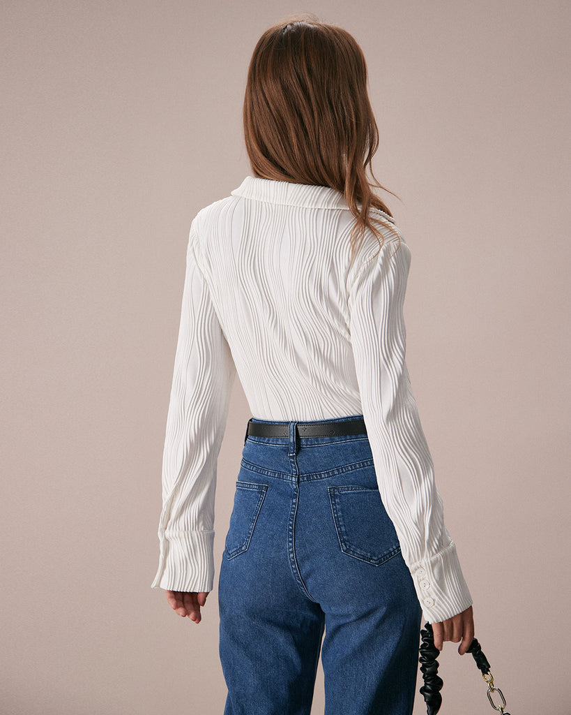 The White Collared Water Ripple Knit Top Tops - RIHOAS