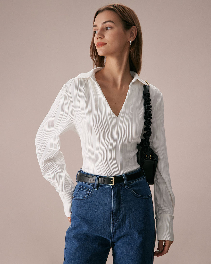 The White Collared Water Ripple Knit Top Tops - RIHOAS