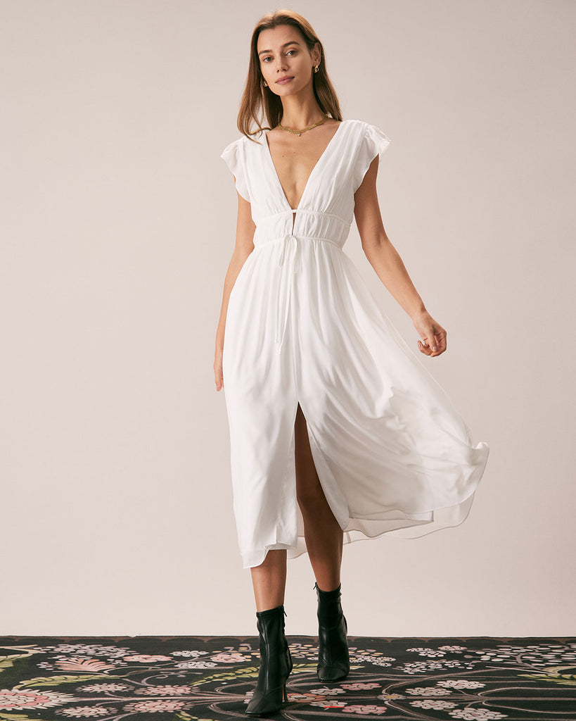 The White Deep V Neck Pleated Midi Dress Dresses - RIHOAS