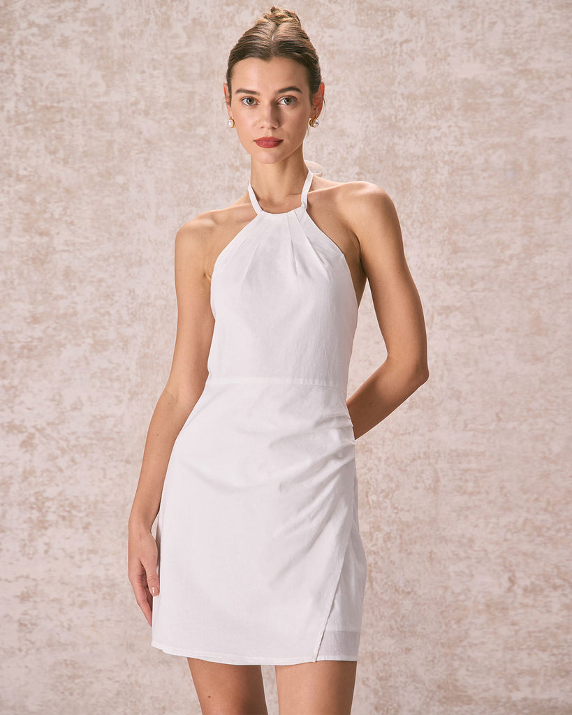 The White Halter Ruched Mini Dress White Dresses - RIHOAS