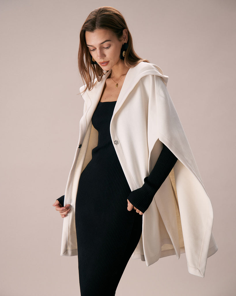 The White Hooded Solid Cape Coat Outerwear - RIHOAS