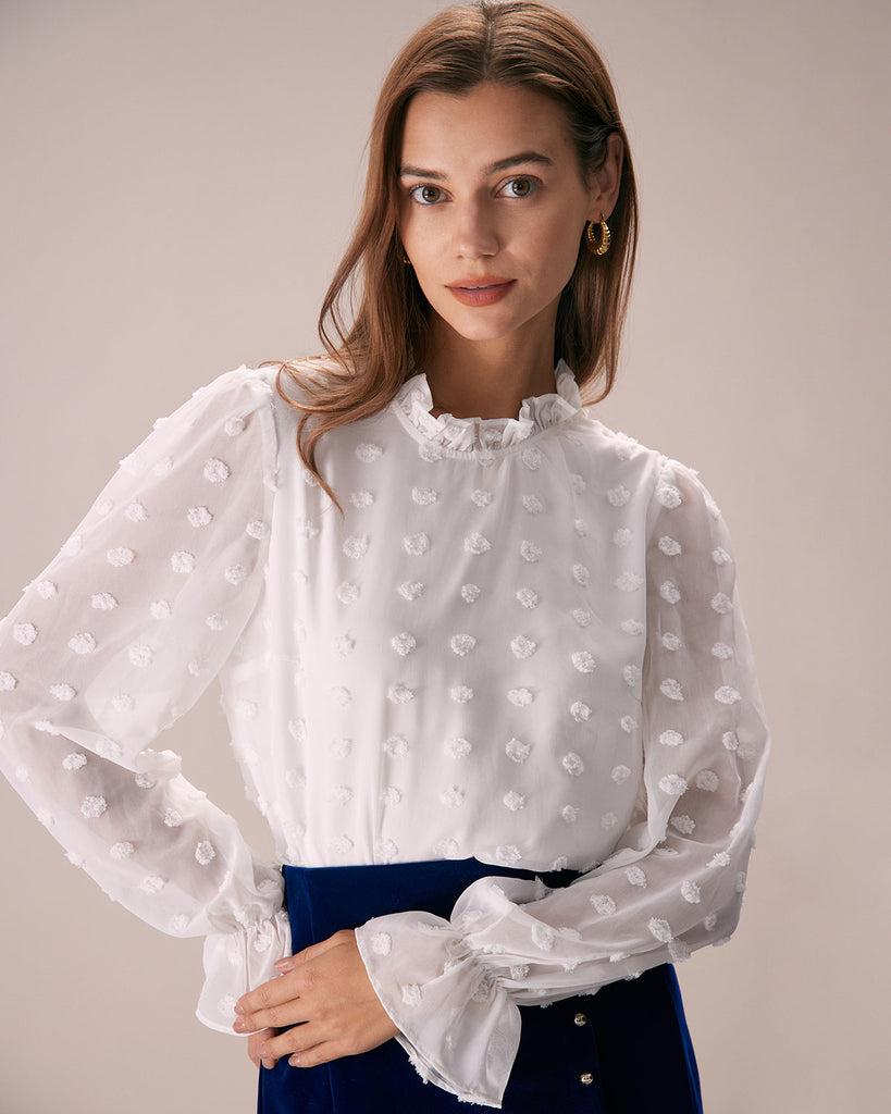 The White Mock Neck Dobby Sheer Blouse Tops - RIHOAS