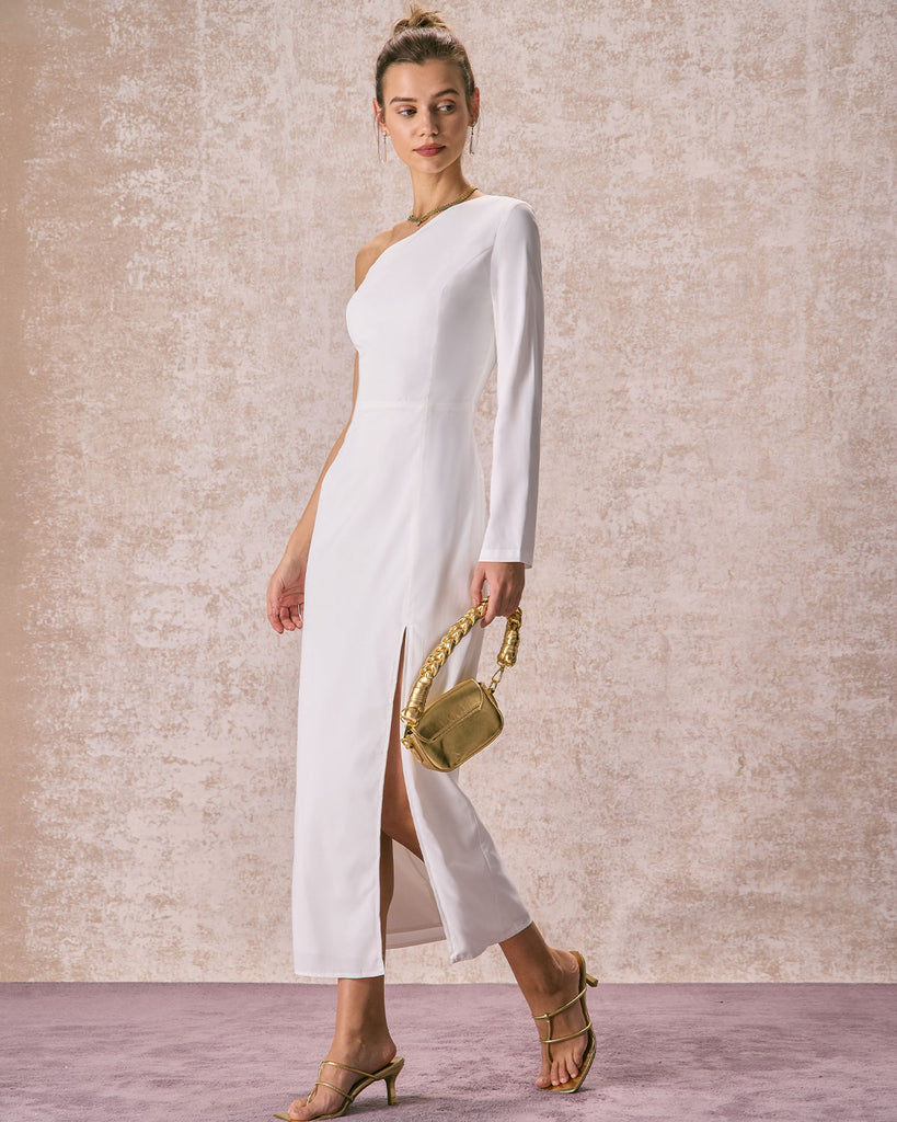The White One Shoulder Slit Maxi Dress Dresses - RIHOAS