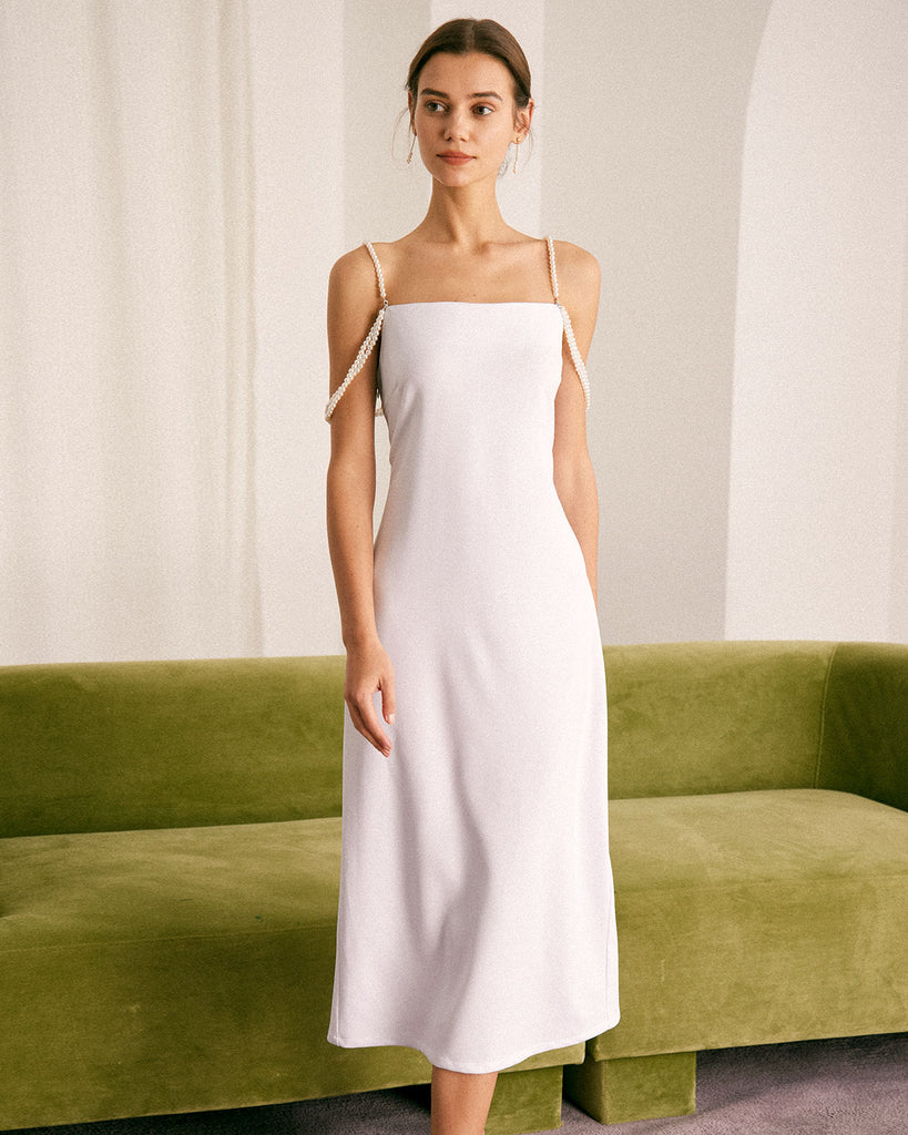 The White Pearl-Strap Midi Dress White Dresses - RIHOAS