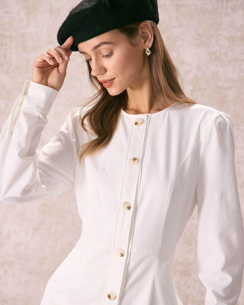 The White Round Neck Button Mini Dress Dresses - RIHOAS