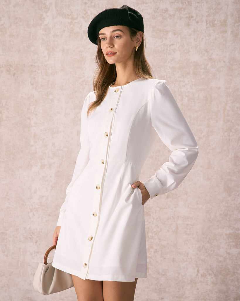 The White Round Neck Button Mini Dress Dresses - RIHOAS