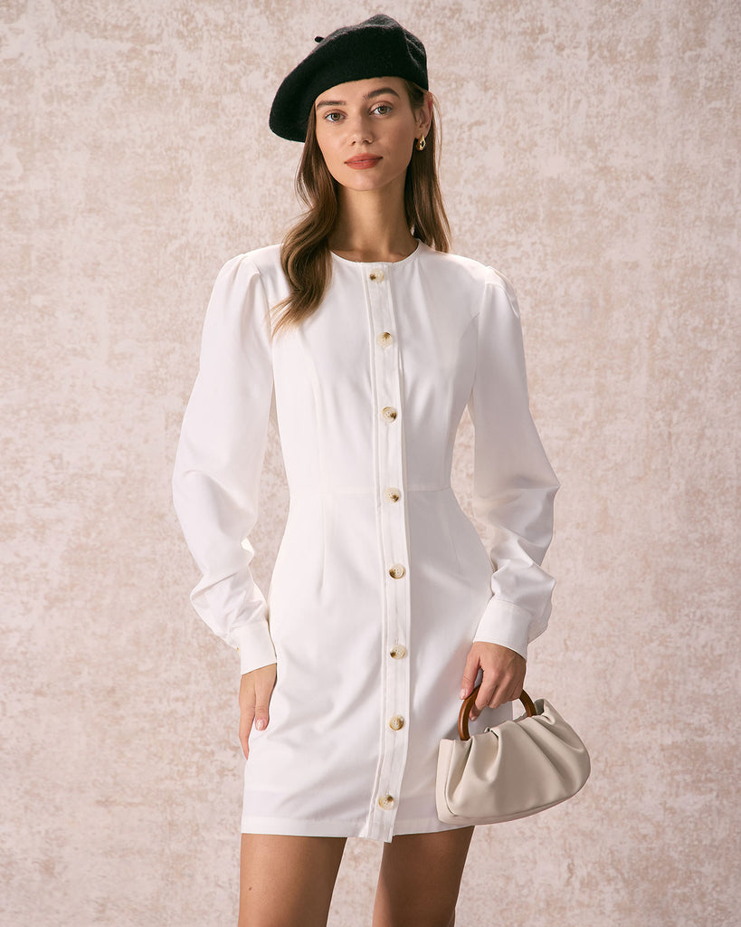 The White Round Neck Button Mini Dress White Dresses - RIHOAS