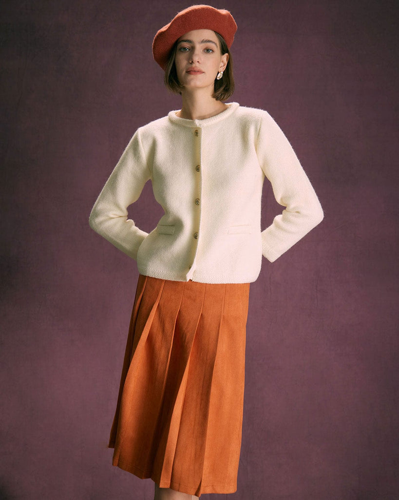 The White Round Neck Cardigan Tops - RIHOAS