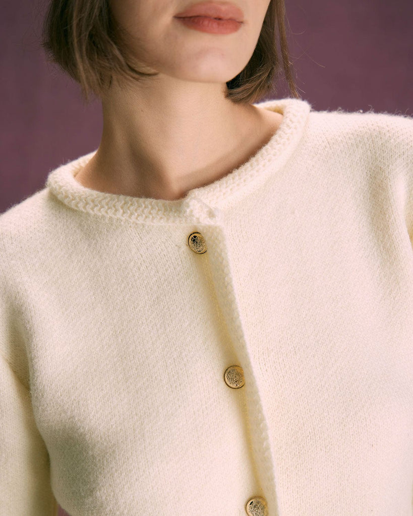 The White Round Neck Cardigan Tops - RIHOAS