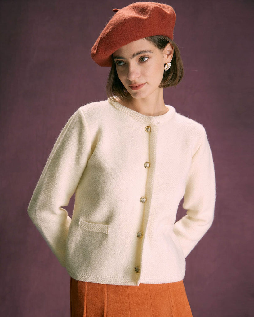 The White Round Neck Cardigan Tops - RIHOAS
