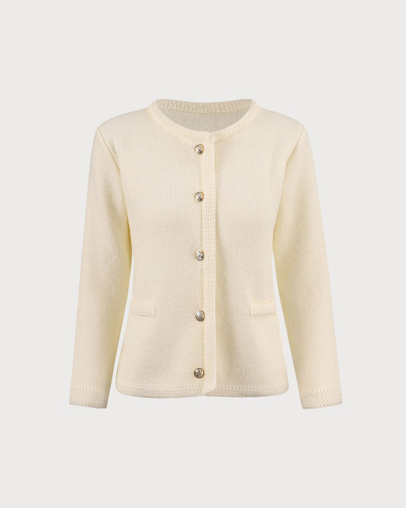 The White Round Neck Cardigan White Tops - RIHOAS