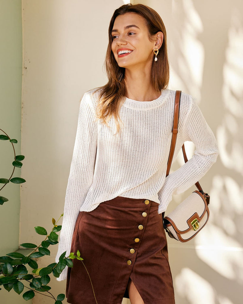The White Round Neck Pointelle Knit Top Tops - RIHOAS