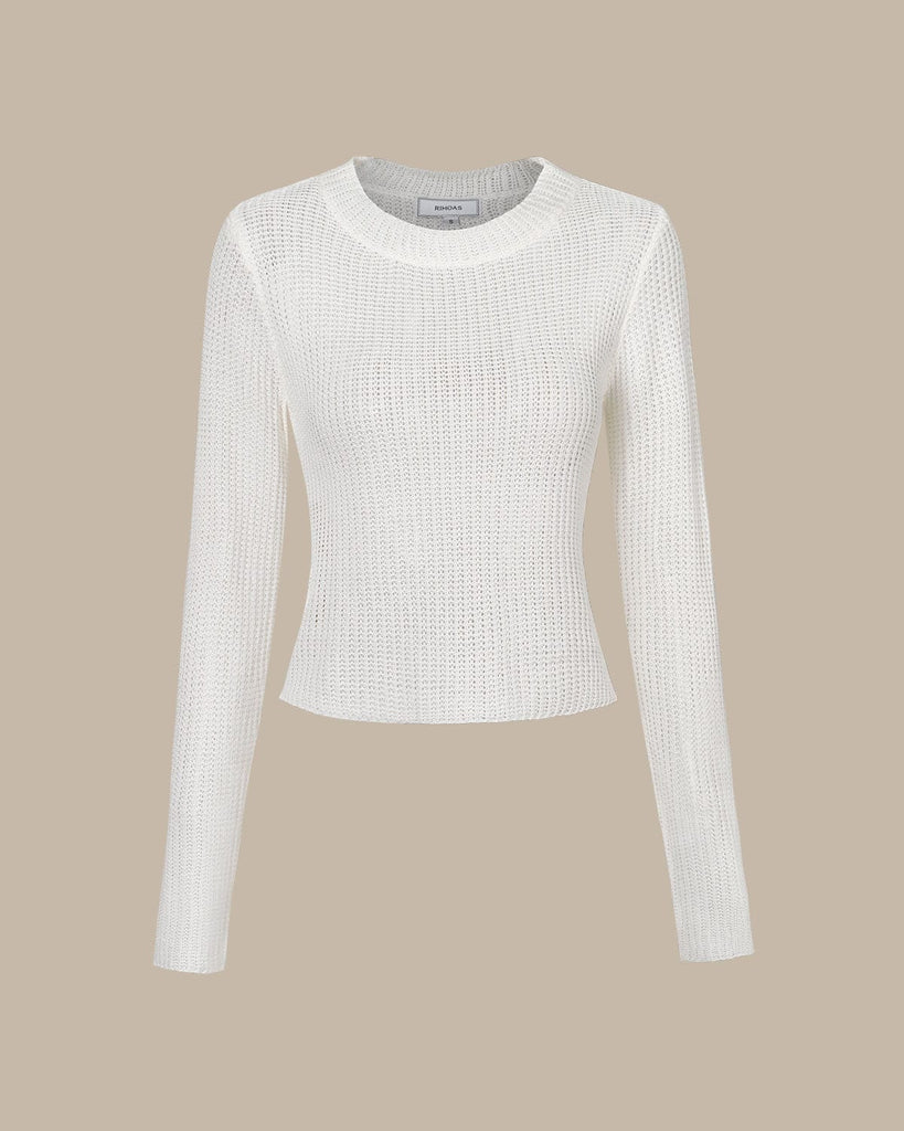 The White Round Neck Pointelle Knit Top White Tops - RIHOAS