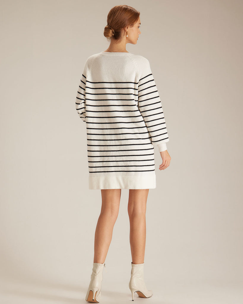 The White Round Neck Striped Knit Mini Dress Dresses - RIHOAS