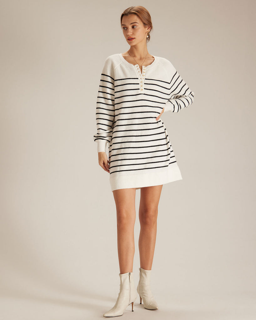 The White Round Neck Striped Knit Mini Dress Dresses - RIHOAS