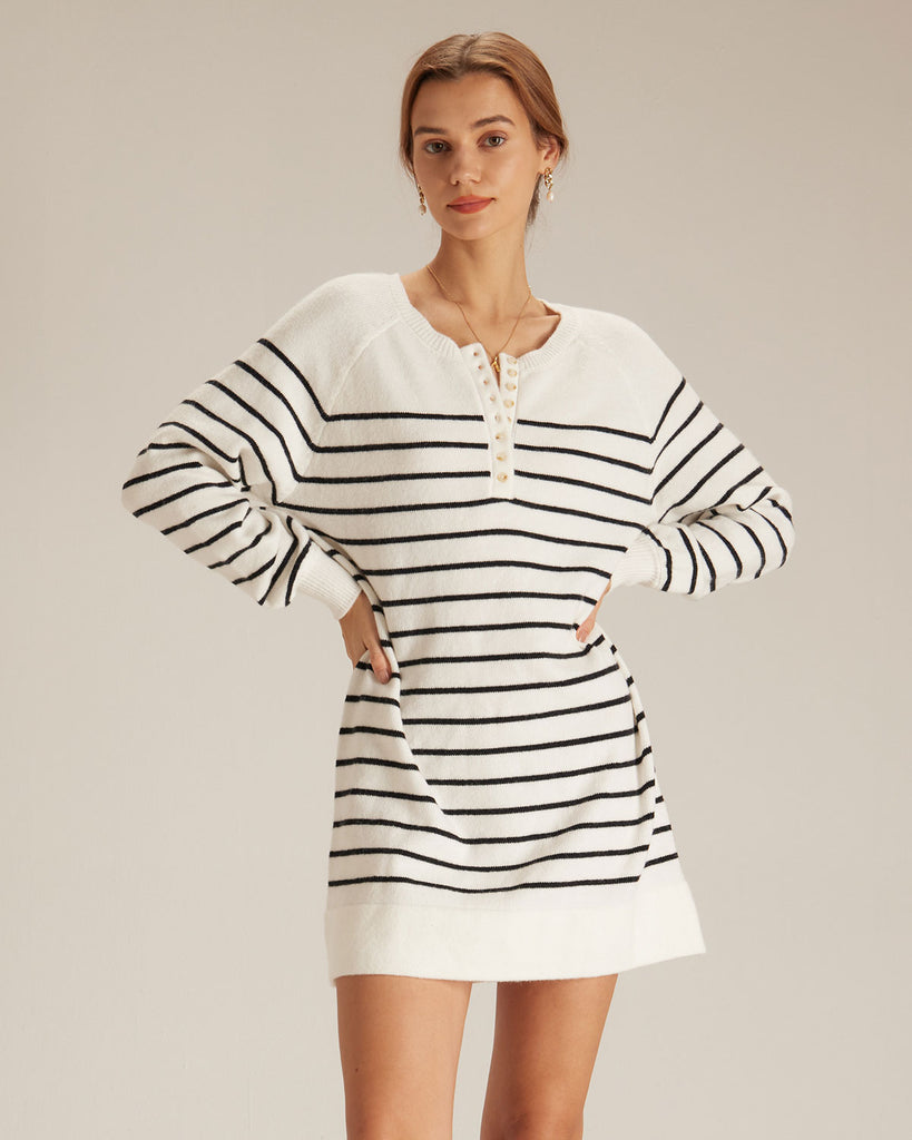 The White Round Neck Striped Knit Mini Dress White Dresses - RIHOAS