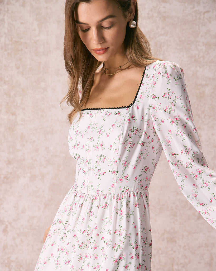 The White Square Neck Floral Maxi Dress Dresses - RIHOAS