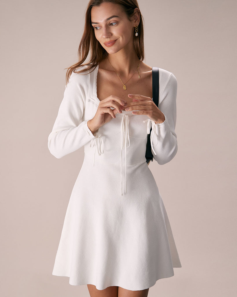 The White Square Neck Tie Sweater Dress Dresses - RIHOAS