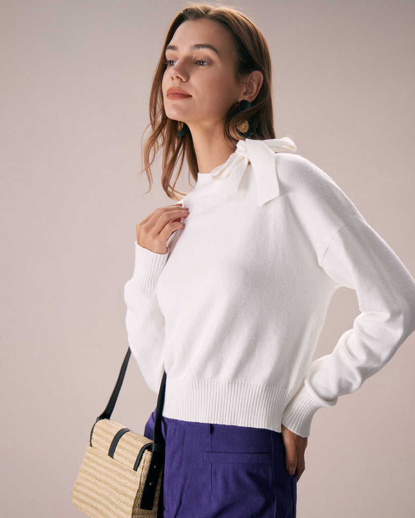 The White Tie Neck Solid Knit Top Tops - RIHOAS