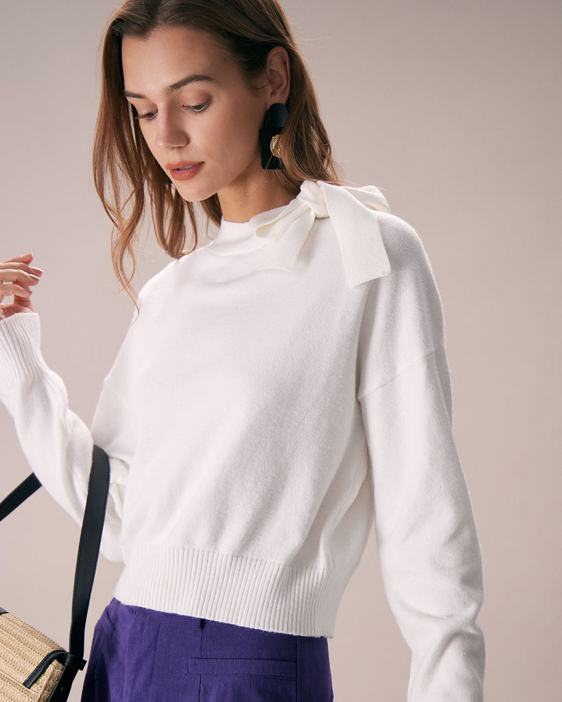 The White Tie Neck Solid Knit Top Tops - RIHOAS