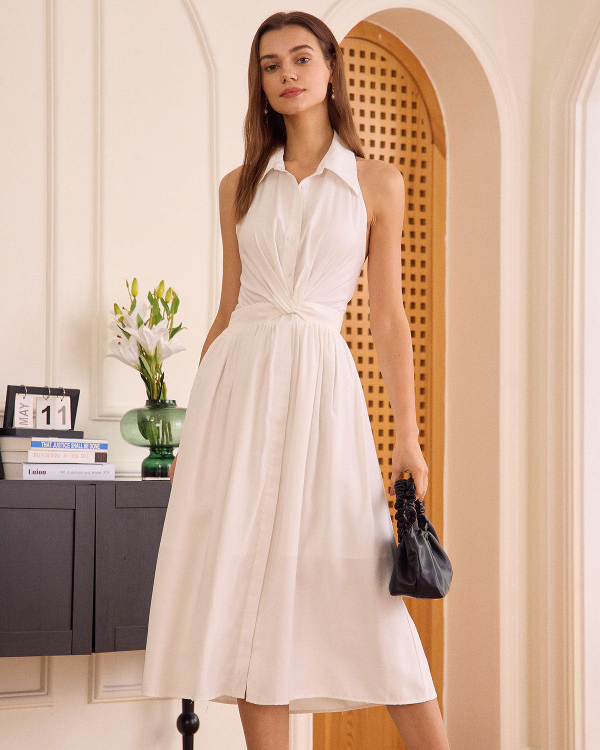 The White Collared Twist Backless Midi Dress & Reviews - White - Dresses | RIHOAS The White Collared Twist Backless Midi Dress & Reviews - White - Dresses | RIHOAS