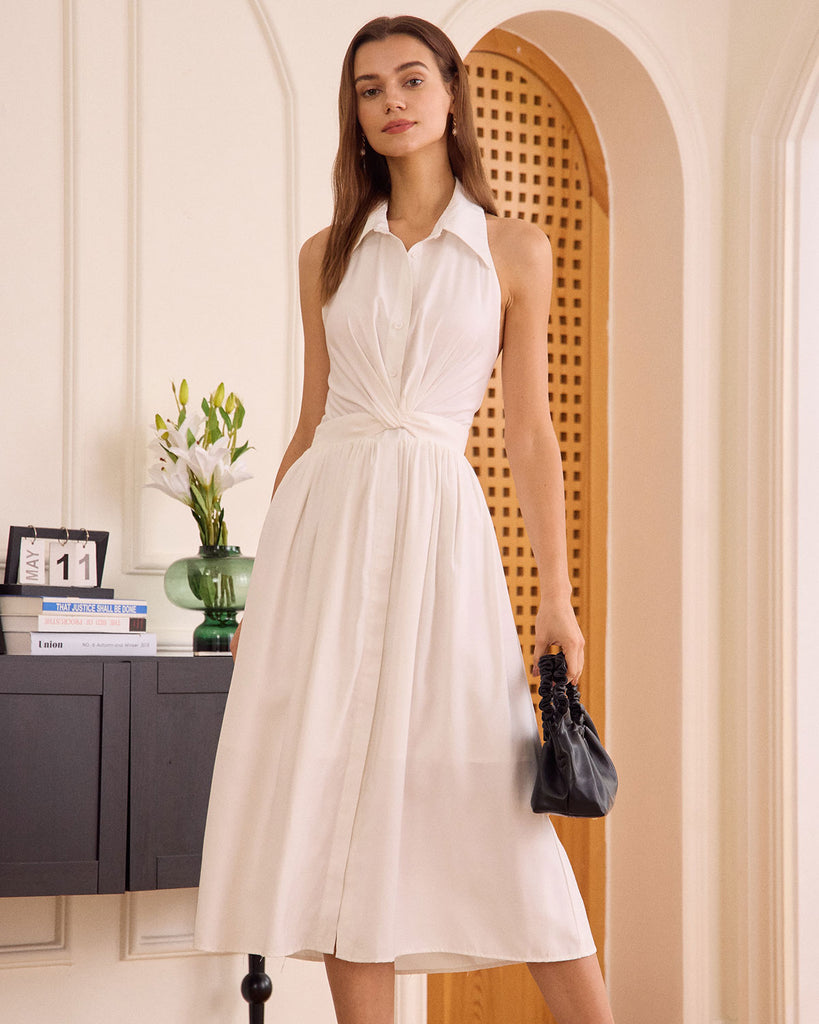 The White Twist Backless Midi Dress White Dresses - RIHOAS